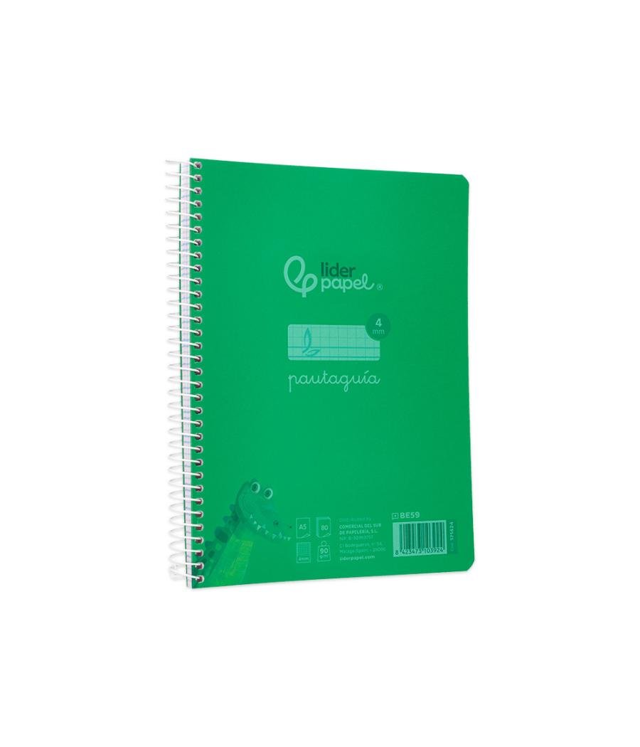 Cuaderno espiral liderpapel din a5 pautaguia tapa plástico 80h 90gr cuadro pautado 4mm con margen color verde