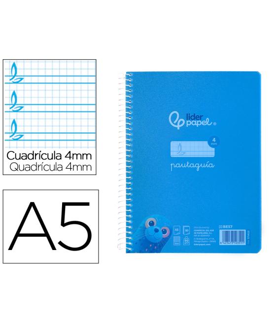 Cuaderno espiral liderpapel din a5 pautaguia tapa plástico 80h 90gr cuadro pautado 4mm con margen color azul