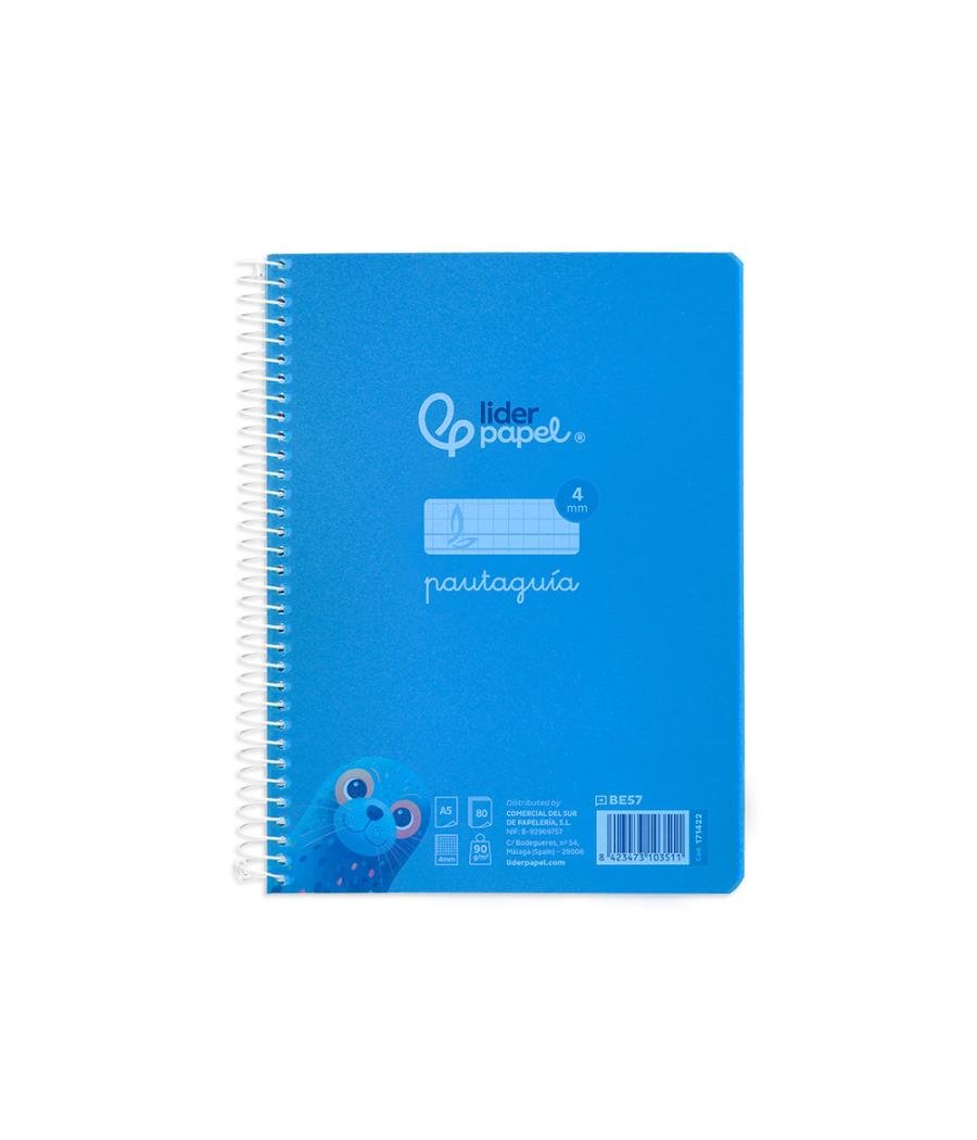 Cuaderno espiral liderpapel din a5 pautaguia tapa plástico 80h 90gr cuadro pautado 4mm con margen color azul