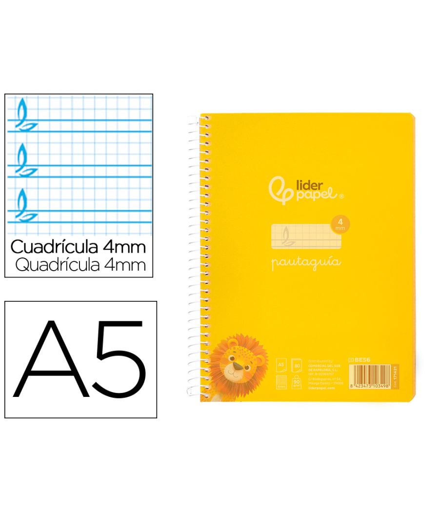 Cuaderno espiral liderpapel din a5 pautaguia tapa plástico 80h 90gr cuadro pautado 4mm con margen color amarillo