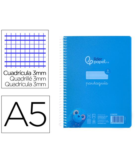 Cuaderno espiral liderpapel din a5 pautaguia tapa plástico 80h 90gr cuadro pautado 3 mm con margen color azul