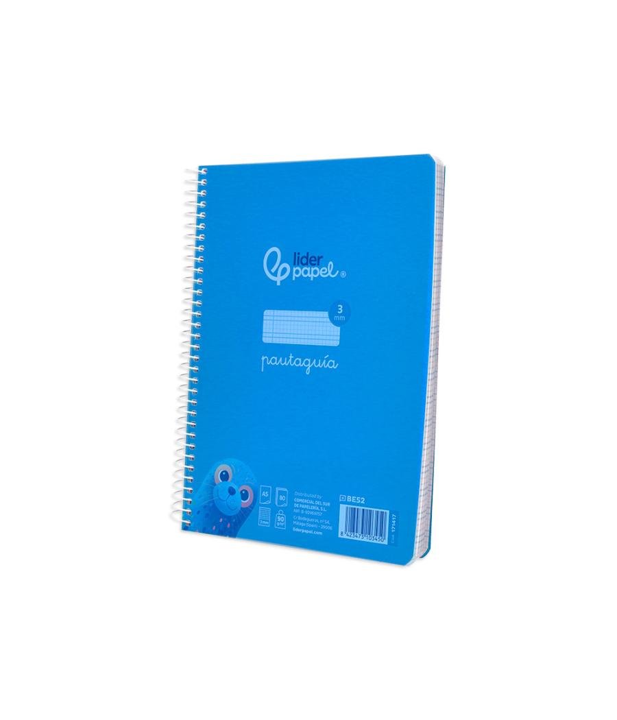 Cuaderno espiral liderpapel din a5 pautaguia tapa plástico 80h 90gr cuadro pautado 3 mm con margen color azul