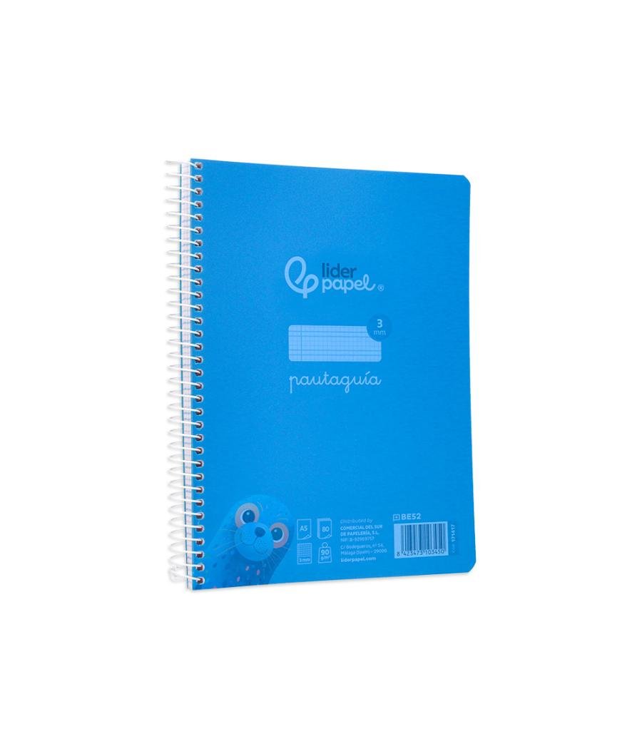 Cuaderno espiral liderpapel din a5 pautaguia tapa plástico 80h 90gr cuadro pautado 3 mm con margen color azul