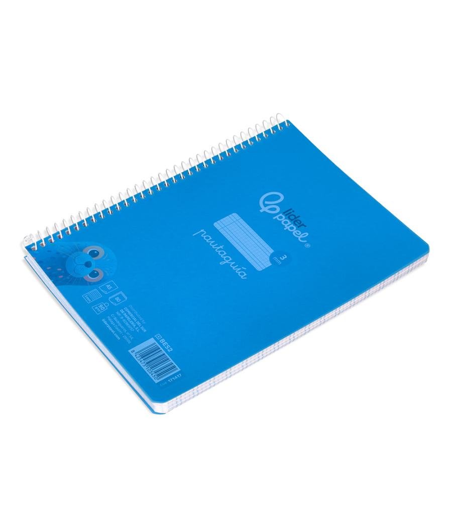 Cuaderno espiral liderpapel din a5 pautaguia tapa plástico 80h 90gr cuadro pautado 3 mm con margen color azul