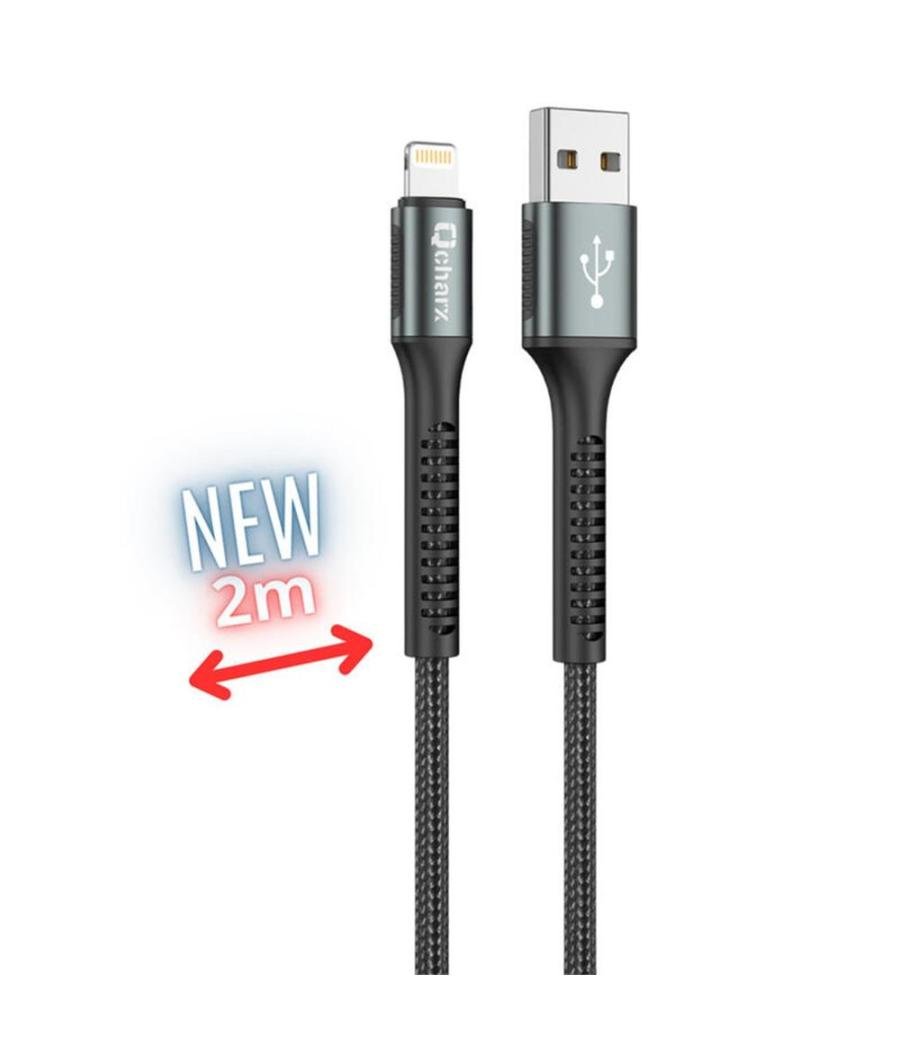 Cable qchar prague lightning usb tipo a - 2m - aleacion de aluminio negro cordon de tela suave