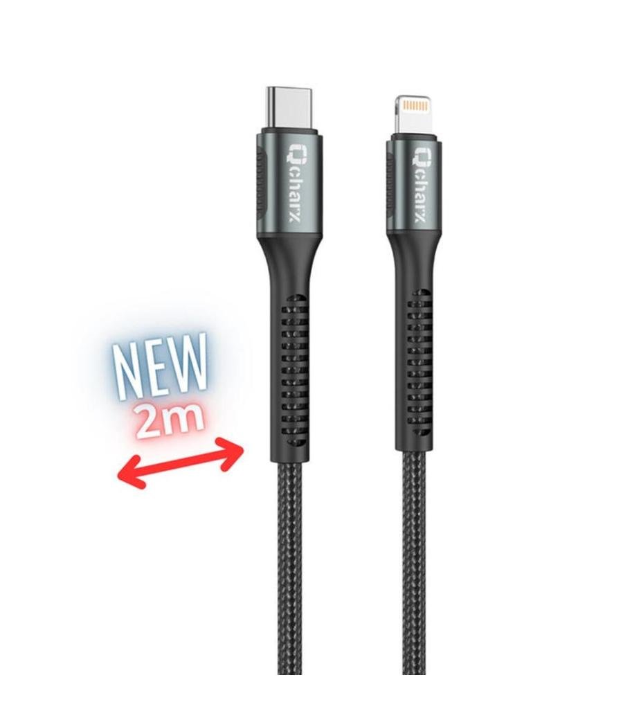 Cable qchar prague usb tipo c a lightning - 2m - aleacion de aluminio negro cordon de tela suave