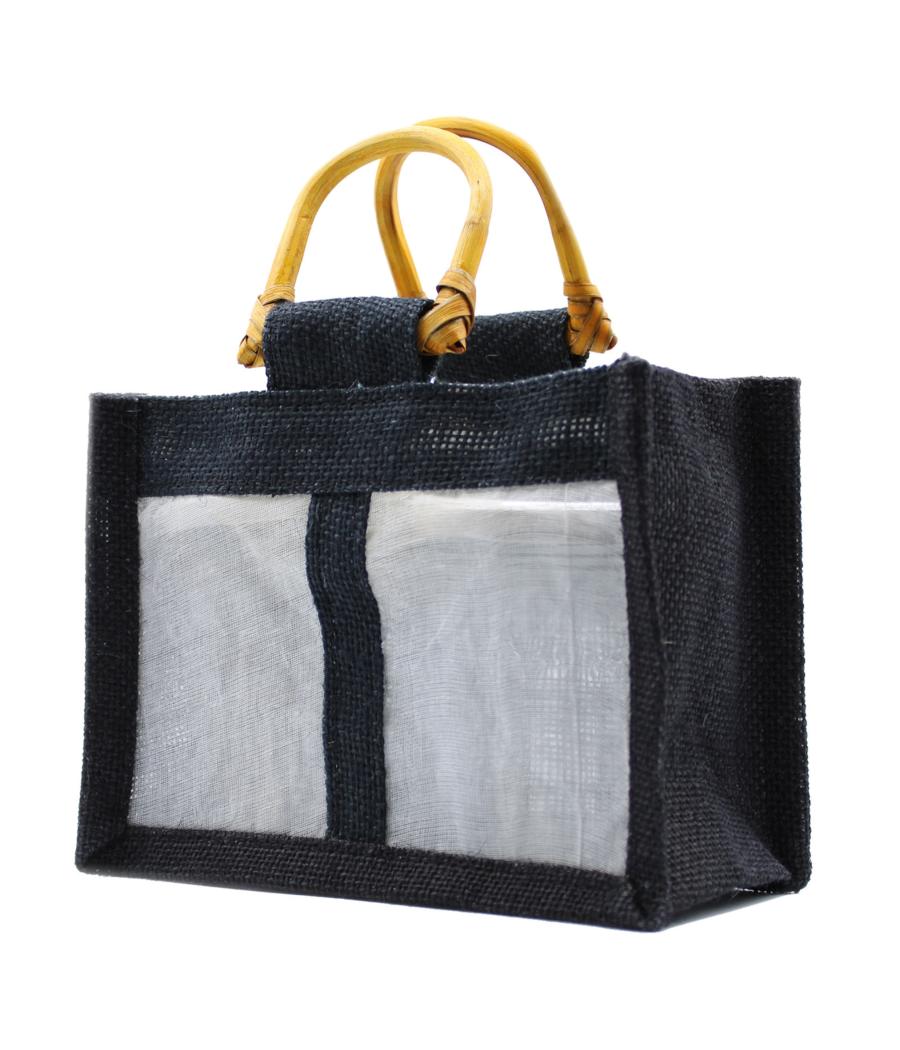 Bolsa de Regalo con Ventana de Yute Puro y Algodón - 2 Ventanas en Negro