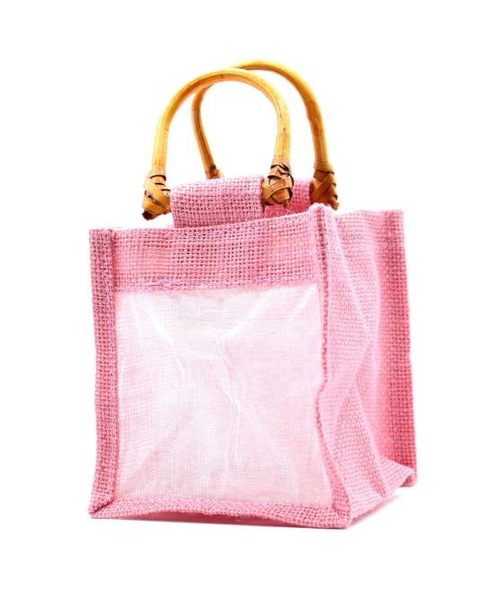 Bolsa de regalo de yute puro y algodón con ventana - 1 Ventana en Rosa