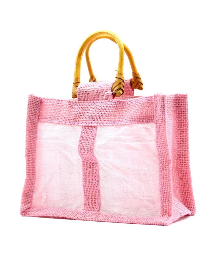 Bolsa de regalo de yute puro y algodón con ventana - 2 Ventanas en Rosa