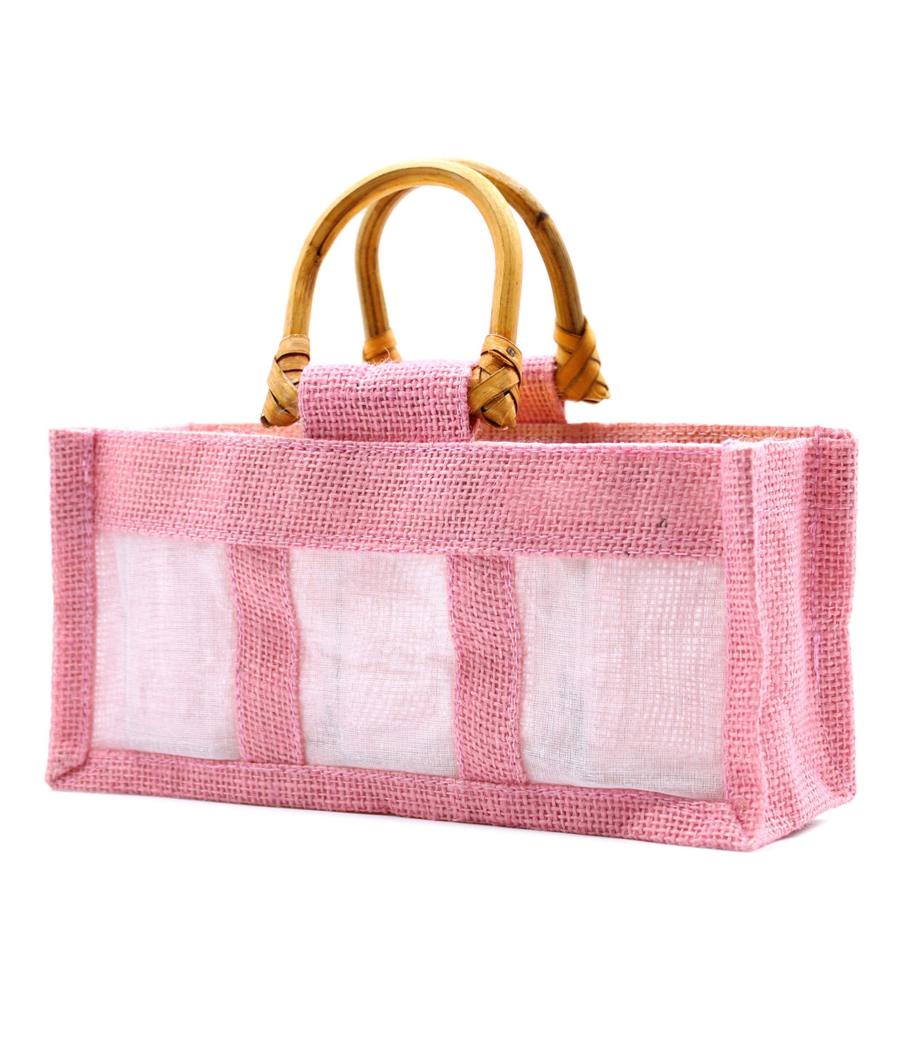 Bolsa de regalo de yute puro y algodón con ventana - 3 Ventanas en Rosa