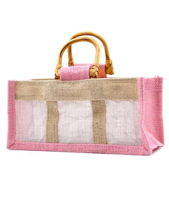 Bolsa de regalo de yute puro y algodón con ventana - 3 Ventanas en Rosa