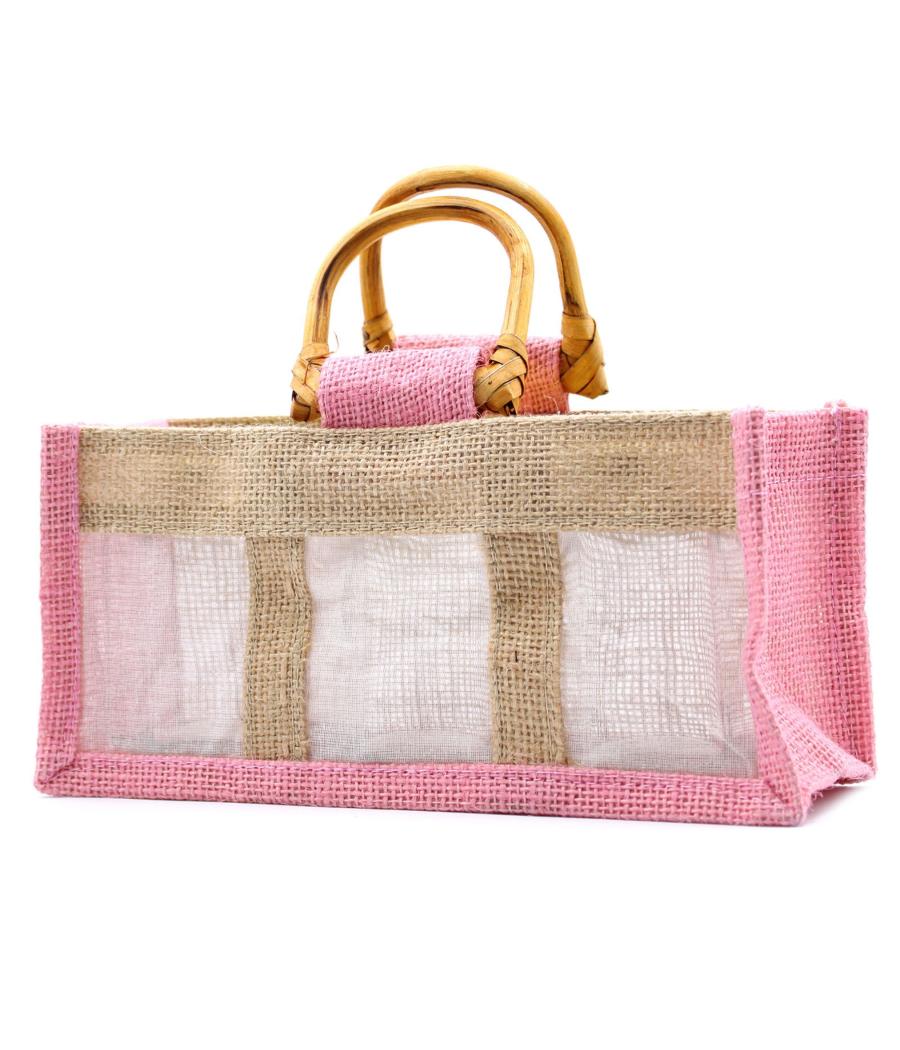 Bolsa de regalo de yute puro y algodón con ventana - 3 Ventanas en Rosa