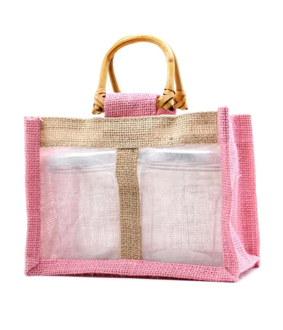 Bolsa de regalo de yute puro y algodón con ventana - 2 Ventanas en Rosa