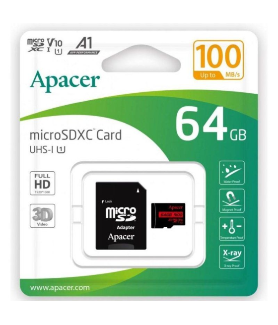 Tarjeta de memoria apacer 64gb xc uhs 1 con adaptador/ clase 10/ 100mbs