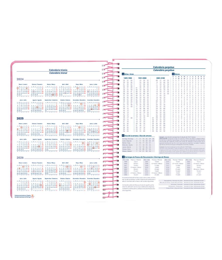 Agenda espiral liderpapel syro s a5 2025 día página color rosa papel 60 gr