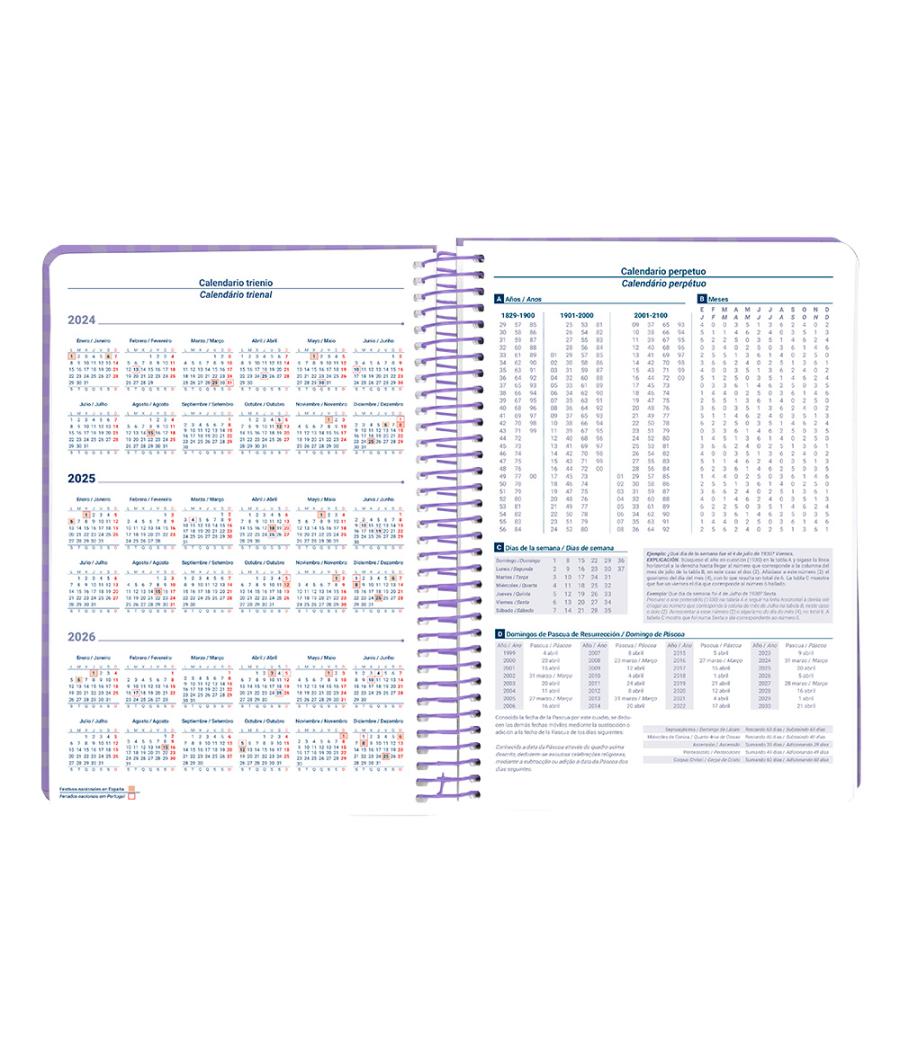 Agenda espiral liderpapel syro s a5 2025 día página color morado papel 60 gr