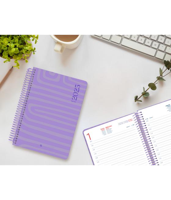 Agenda espiral liderpapel syro s a5 2025 día página color morado papel 60 gr