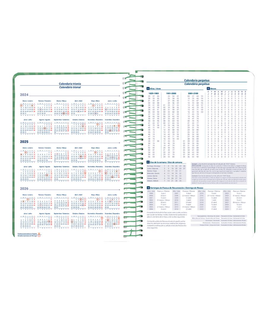 Agenda espiral liderpapel syro s a5 2025 día página color verde papel 60 gr