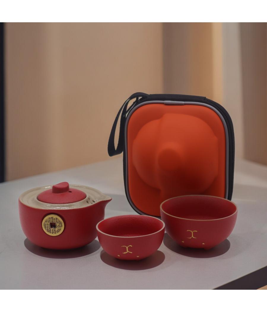 Set de tetera - Gato del Dinero - Dos tazas & Estuche de viaje - Rojo