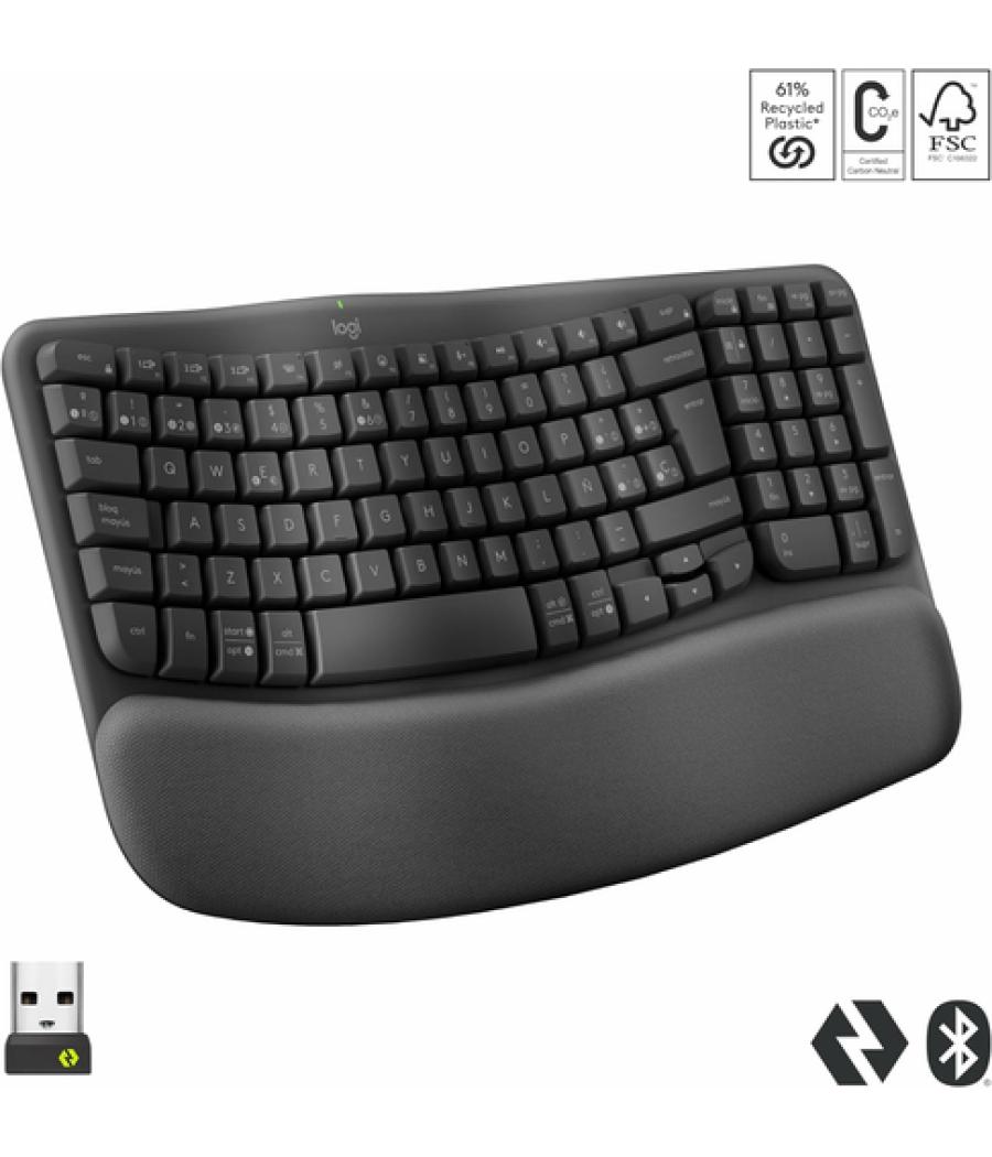 Logitech Wave Keys, teclado ergonómico inalámbrico con reposamanos acolchado, escritura cómoda y natural, Easy-Switch, Bluetooth