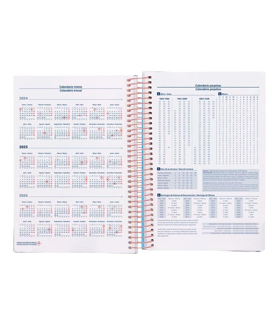 Agenda espiral liderpapel gazi 2025 dia pagina diseños surtidos papel 70g expositor con 4 a4 y 4 a5