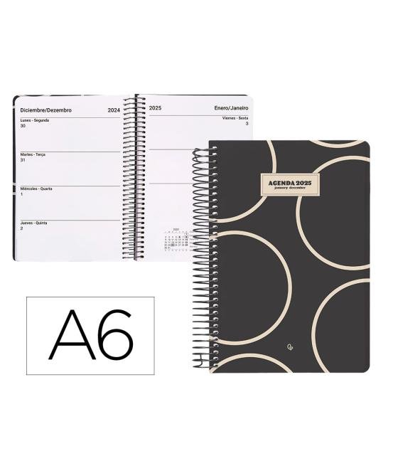 Agenda espiral liderpapel clas sic a6 2025 semana vista blanco y negro 2 papel 70 gr