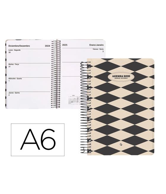 Agenda espiral liderpapel clas sic a6 2025 semana vista blanco y negro 1 papel 70 gr