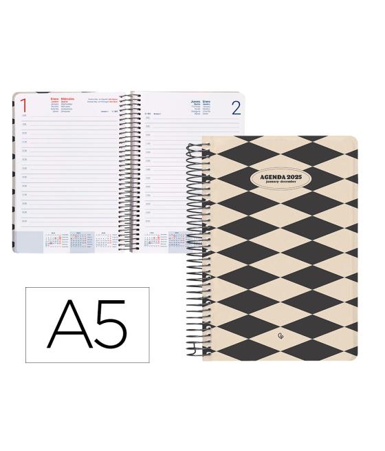 Agenda espiral liderpapel clas sic a5 2025 día página blanco y negro 1 papel 70 gr