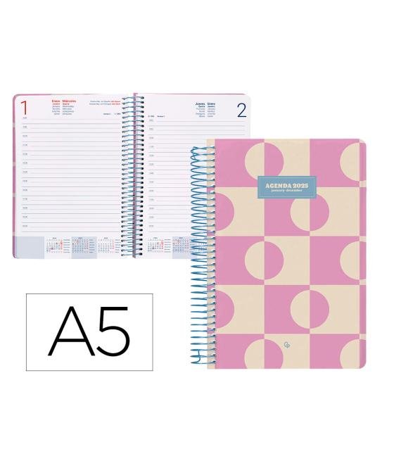 Agenda espiral liderpapel clas sic a5 2025 día página color rosa papel 70 gr