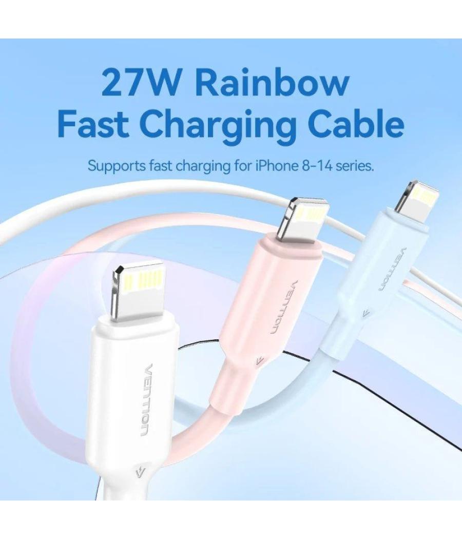 Cable usb 2.0 tipo-c lightning vention lakpf/ usb tipo-c macho - lightning macho/ hasta 27w/ 480mbps/ 1m/ rosa