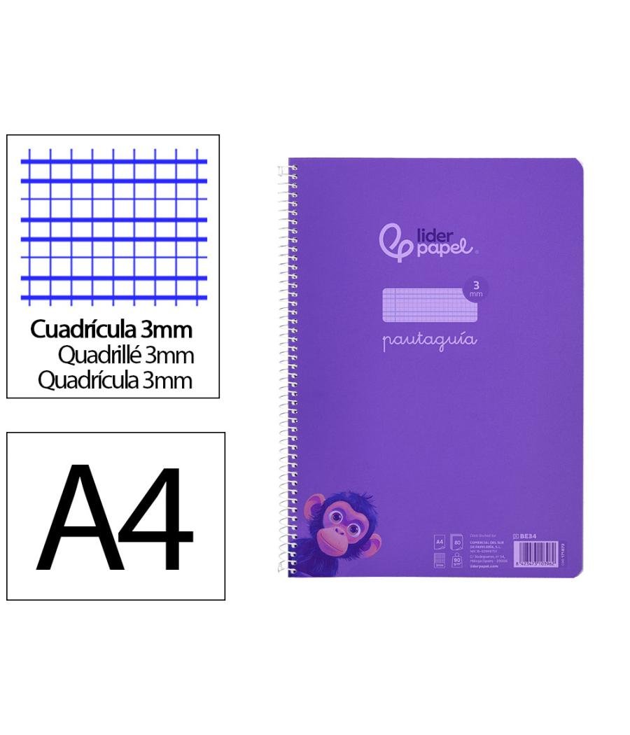 Cuaderno espiral liderpapel din a4 pautaguia tapa plástico80h 90gr cuadro pautado 3mm con margen color lila