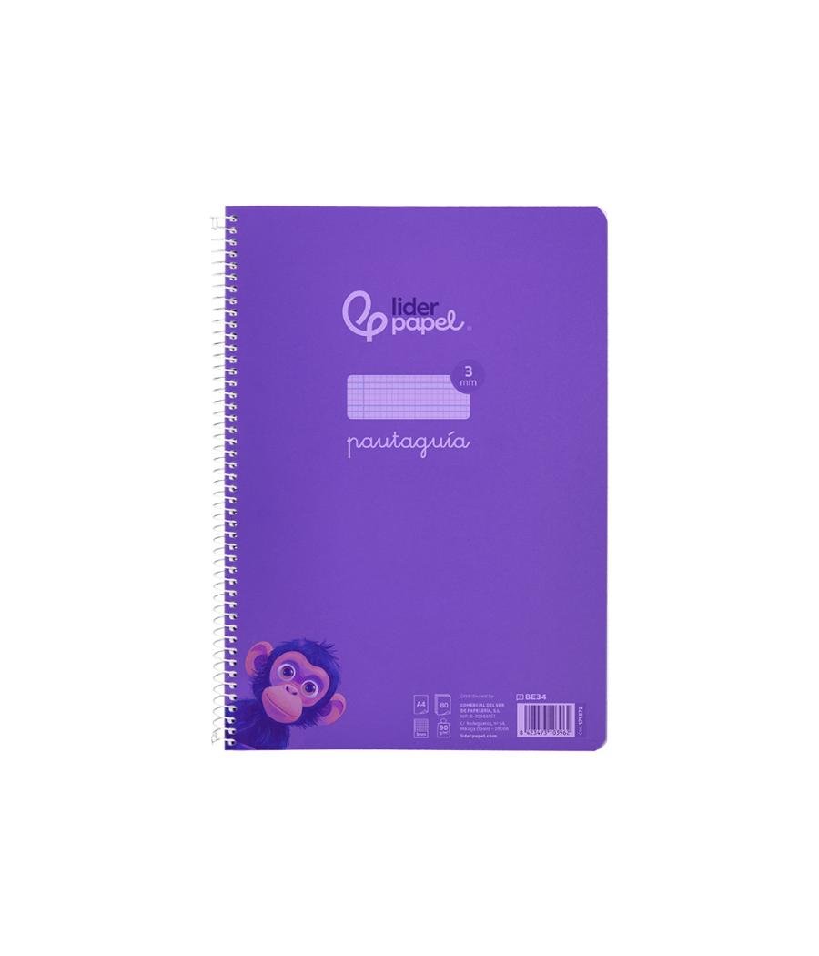 Cuaderno espiral liderpapel din a4 pautaguia tapa plástico80h 90gr cuadro pautado 3mm con margen color lila