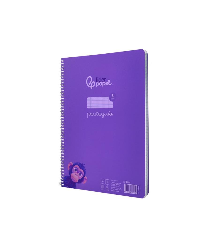 Cuaderno espiral liderpapel din a4 pautaguia tapa plástico80h 90gr cuadro pautado 3mm con margen color lila