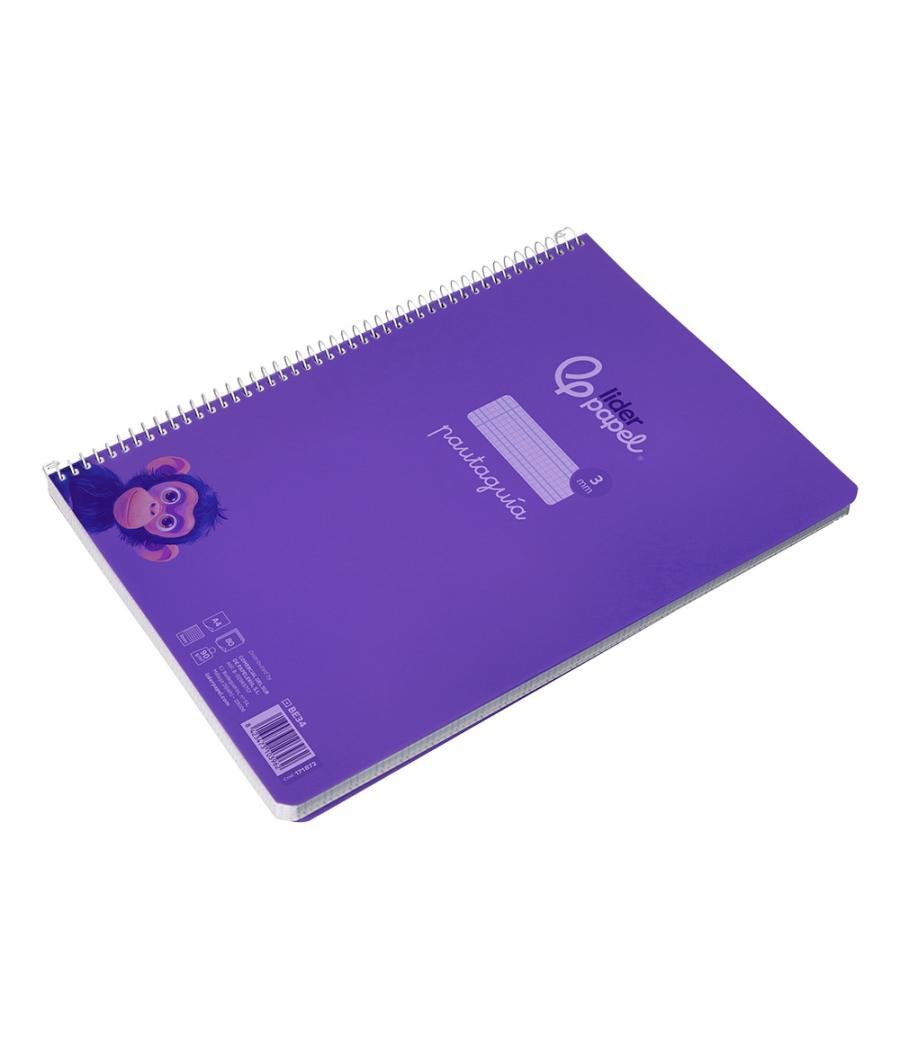 Cuaderno espiral liderpapel din a4 pautaguia tapa plástico80h 90gr cuadro pautado 3mm con margen color lila