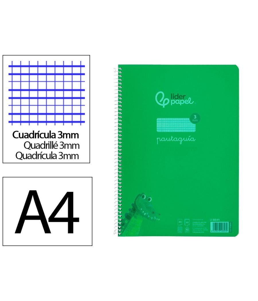 Cuaderno espiral liderpapel din a4 pautaguia tapa plástico80h 90gr cuadro pautado 3mm con margen color verde