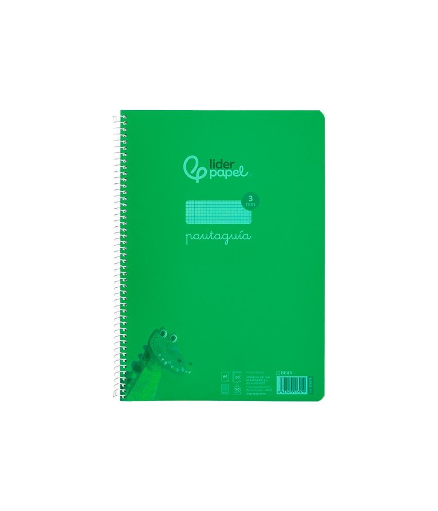 Cuaderno espiral liderpapel din a4 pautaguia tapa plástico80h 90gr cuadro pautado 3mm con margen color verde