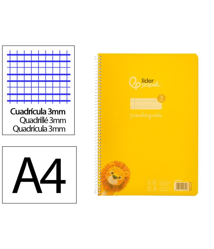 Cuaderno espiral liderpapel din a4 pautaguia tapa plástico80h 90gr cuadro pautado 3mm con margen color amarillo