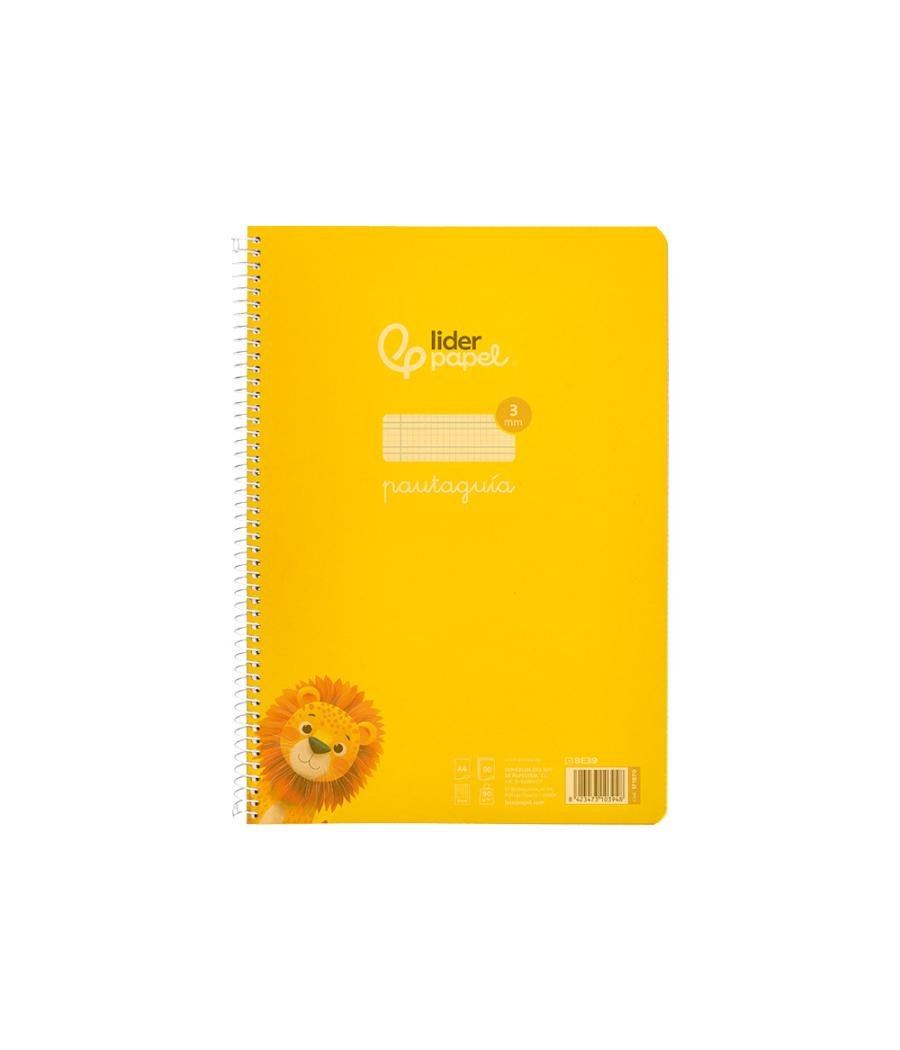 Cuaderno espiral liderpapel din a4 pautaguia tapa plástico80h 90gr cuadro pautado 3mm con margen color amarillo