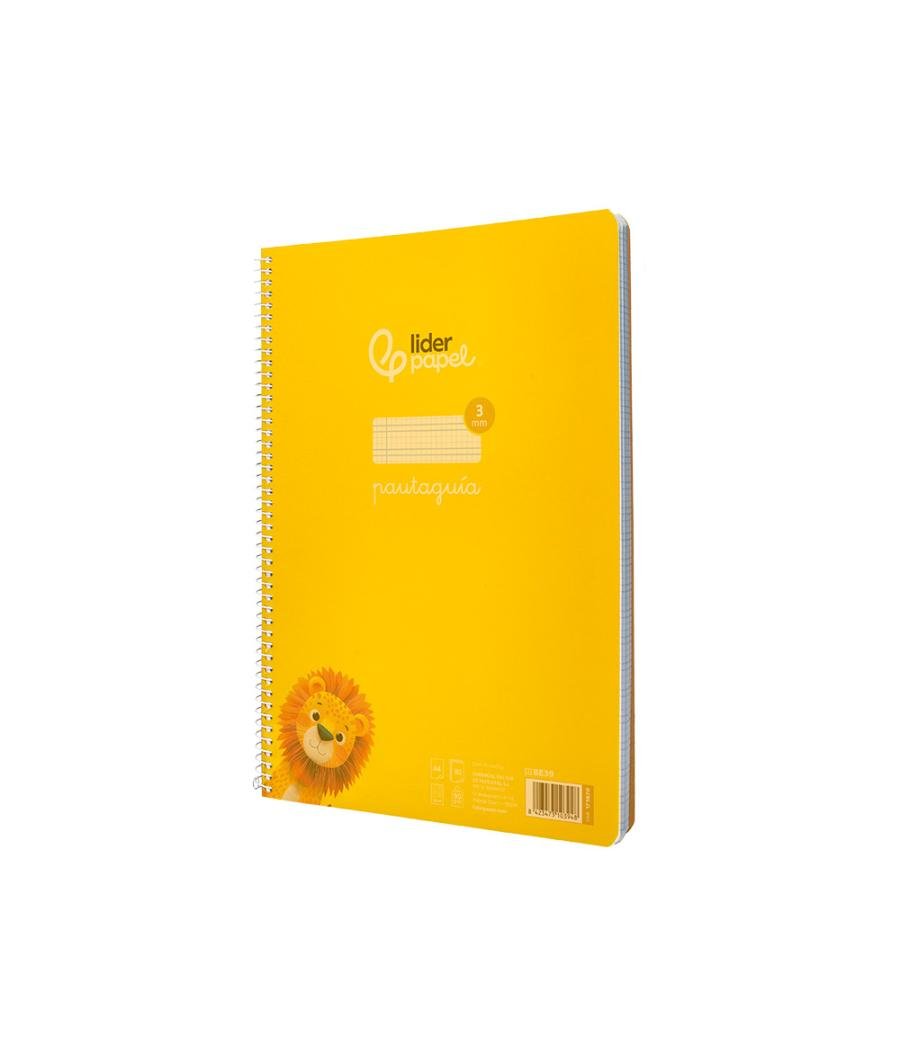 Cuaderno espiral liderpapel din a4 pautaguia tapa plástico80h 90gr cuadro pautado 3mm con margen color amarillo