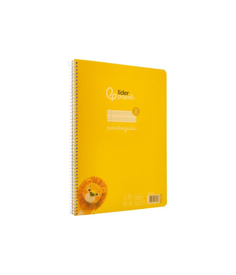 Cuaderno espiral liderpapel din a4 pautaguia tapa plástico80h 90gr cuadro pautado 3mm con margen color amarillo