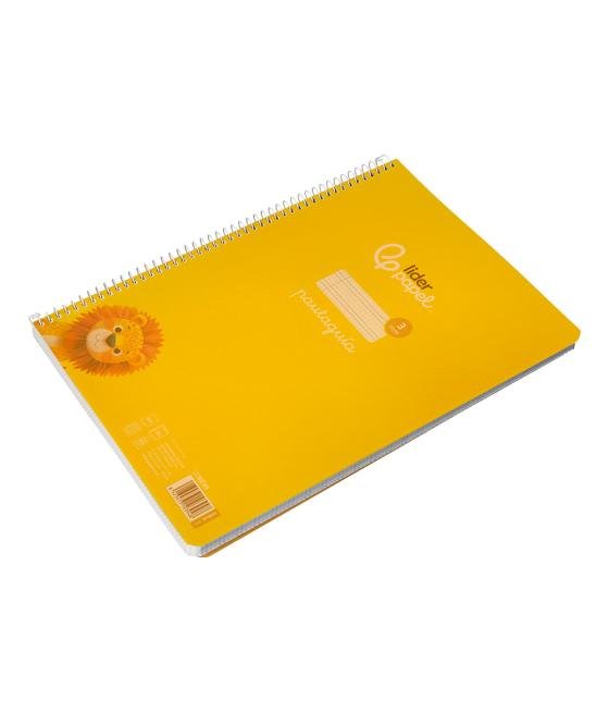 Cuaderno espiral liderpapel din a4 pautaguia tapa plástico80h 90gr cuadro pautado 3mm con margen color amarillo