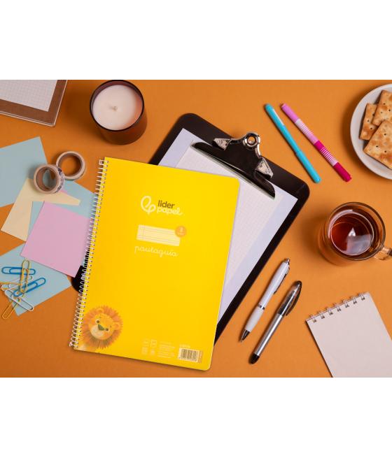 Cuaderno espiral liderpapel din a4 pautaguia tapa plástico80h 90gr cuadro pautado 3mm con margen color amarillo