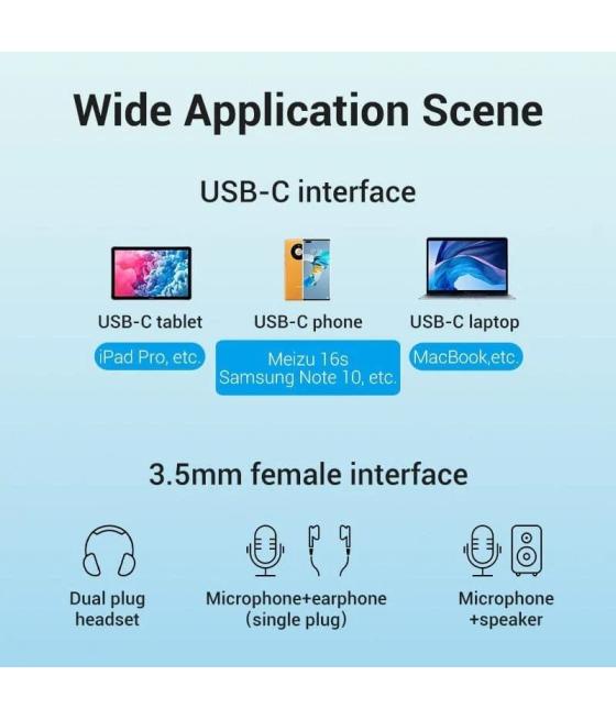 Cable conversor usb tipo-c vention bgphy/ usb tipo-c macho - 2x jack 3.5 hembra/ 30cm/ gris