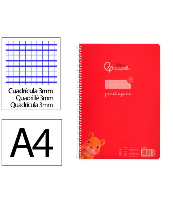 Cuaderno espiral liderpapel din a4 pautaguia tapa plástico80h 90gr cuadro pautado 3mm con margen color rojo