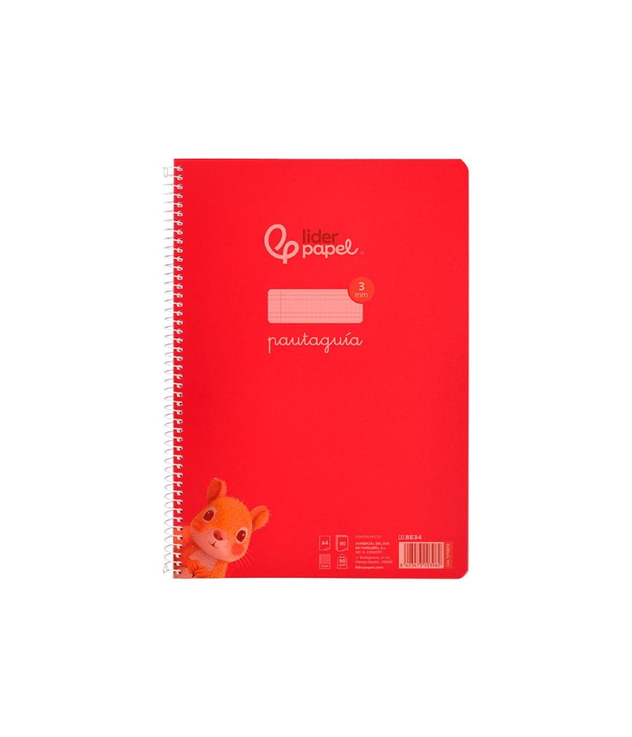 Cuaderno espiral liderpapel din a4 pautaguia tapa plástico80h 90gr cuadro pautado 3mm con margen color rojo