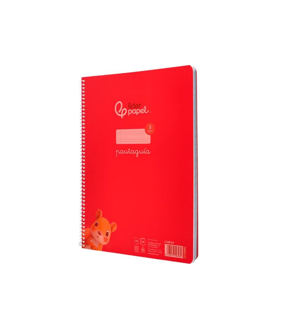 Cuaderno espiral liderpapel din a4 pautaguia tapa plástico80h 90gr cuadro pautado 3mm con margen color rojo