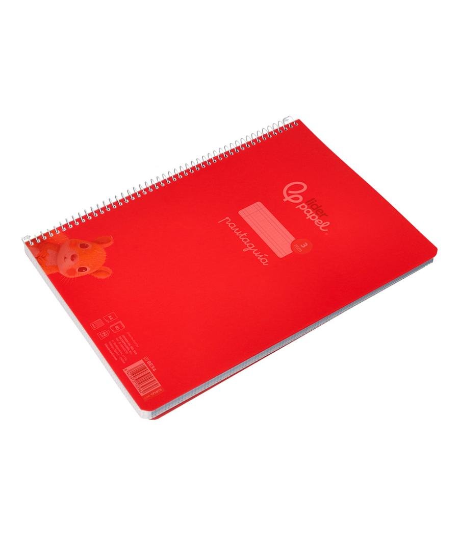 Cuaderno espiral liderpapel din a4 pautaguia tapa plástico80h 90gr cuadro pautado 3mm con margen color rojo