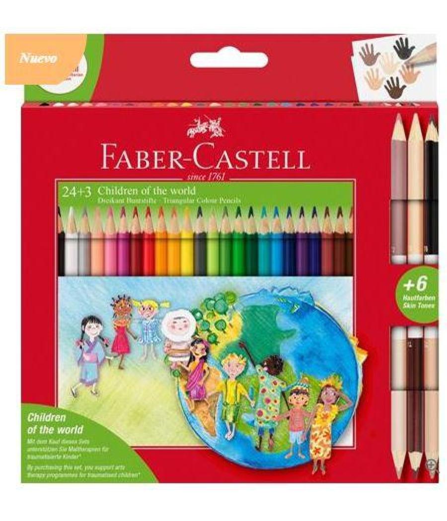 Faber castell estuche 24+3 lápices de colores grip niños del mundo surtidos + 6 tonos piel bicolor surtidos