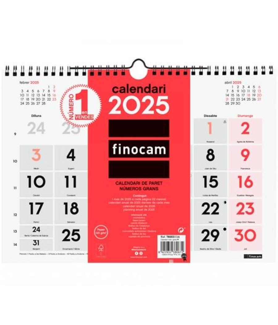 Finocam calendario de pared números grandes m-300x210mm neutro 2025 catalán