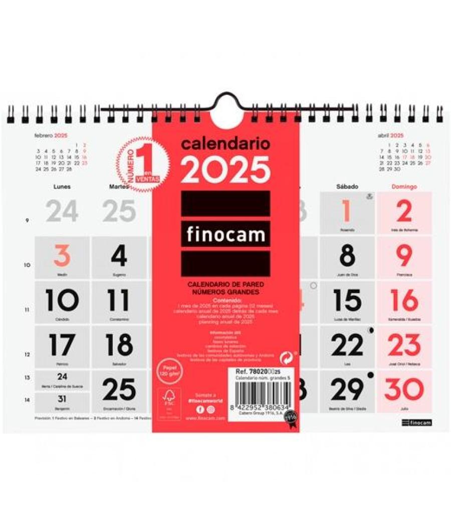 Finocam calendario de pared números grandes s-210x150mm neutro 2025